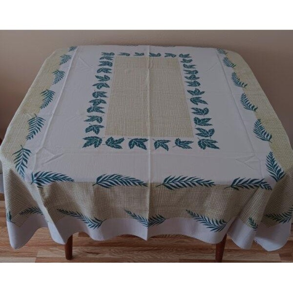 Vintage 50s Simtex Printed Cotton Tablecloth Gray Green Ferns 60"